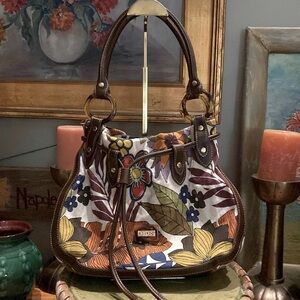 Relic Floral Canvas Hobo Shoulder Bag Leather Drawstring & Tortoise Shell Rings